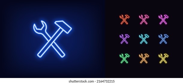 Outline neon repair icon. Glowing neon wrench and hammer sign, service tool pictogram. Repair and maintenance, build and construction, restoration and reconstruction. Vector icon set