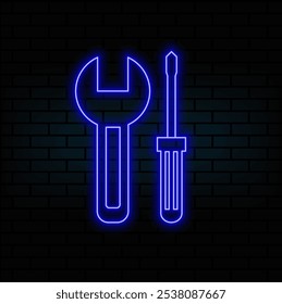 Outline neon repair icon. Glowing neon wrench and hammer sign, service tool pictogram. Repair and maintenance, build and construction, restoration and reconstruction. Vector icon set.