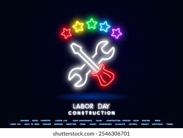 Outline neon repair icon. Glowing neon wrench and hammer sign, service tool pictogram.