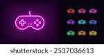 Outline neon retro gamepad icon set. Glowing neon retro joystick for arcade games, videogame station controller. Vintage gamepad, retro computer games, play console, cybersport club. Vector icons