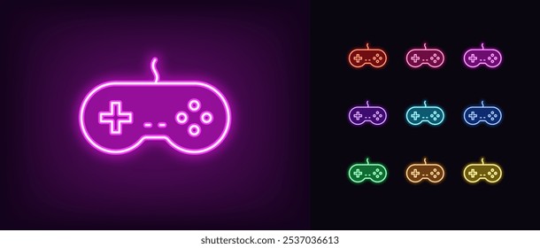 Outline neon retro gamepad icon set. Glowing neon retro joystick for arcade games, videogame station controller. Vintage gamepad, retro computer games, play console, cybersport club. Vector icons