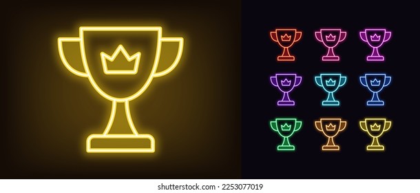 Outline neon reward cup icon. Glowing neon royal golden cup with crown sign, winner pictogram. Royal sport reward, champion trophy, success goblet, victory triumph, prize award. Vector icon set