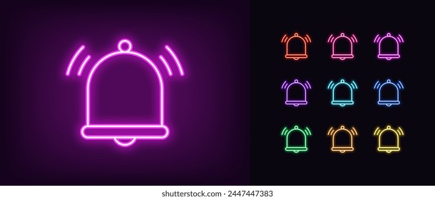 Outline neon ringing bell icon set. Glowing neon bell sign with sound waves. Mobile app notice, new message notification, reminder bell, alarm, sound alert and subscription notification. Vector icons