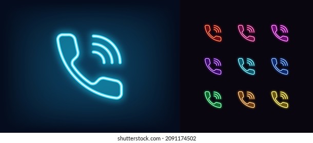 Outline Neon Ringing Handset Icon. Glowing Neon Phone Sign, Telephone Pictogram In Vivid Colors. Call Center, Contact Phone Number, Emergency Call, Hotline And Support. Vector Icon Set, Symbol For UI