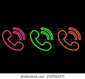 Outline neon ringing handset icon. Glowing neon phone sign, telephone pictogram in vivid colors. Call center, contact phone number, emergency call, hotline and support. Vector icon set, symbol for UI.