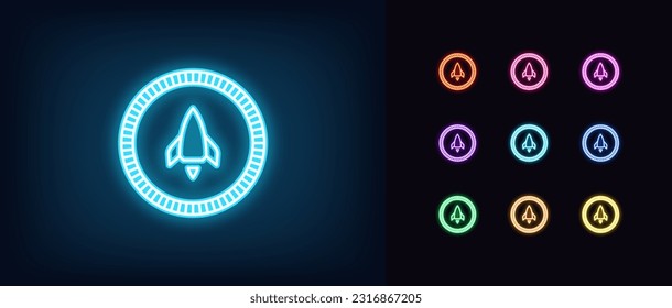 Outline neon rocket token icon. Glowing neon token with space rocket sign, digital meme coin launch. Digital game token, virtual cryptocurrency coin, crypto startup for money earn. Vector icon set