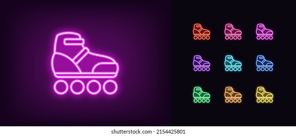 Outline neon roller skate icon. Glowing neon roller skate silhouette, skating rink pictogram. Rental roller skates, store and repair parts, active recreation and extreme. Vector icon set for UI