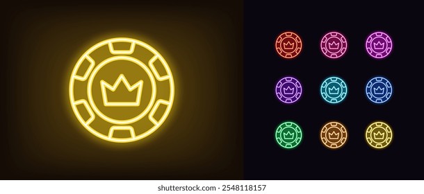 Outline neon royal chip icon set. Glowing neon poker chip with crown icon, king casino club. Royal poker club, gambling token, poker game, casino empire, gaming chip, card game reward. Vector icons