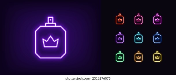 Outline neon royal perfume icon. Glowing neon parfum bottle with crown sign, premium perfume water. King fragrance, royal flavor, luxury perfumery, parfum water, great scent and odor. Vector icon set