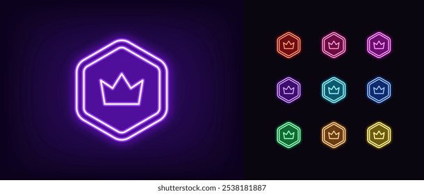 Contornar conjunto de ícones de token real neon. Criptografia de néon brilhante com ícone de coroa. Royal cripto moeda, ganhar dinheiro virtual, prêmio de chip de jogo, prêmio criptomoeda, token digital e altcoin. Ícones de vetor