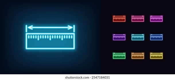 Contornar conjunto de ícones de régua neon. Régua de medição de néon brilhante com seta de cota, comprimento ou largura medida. Tamanho de sapatos ou roupas, escala de medida, tamanho de parâmetro do corpo, dimensão geral. Ícones de vetor