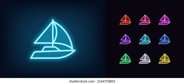 Outline neon sail yacht icon. Glowing neon sail boat silhouette, sailboat race and regatta pictogram. Yacht club, sailing and yachting, marine cruise and journey, sea recreation. Vector icon set