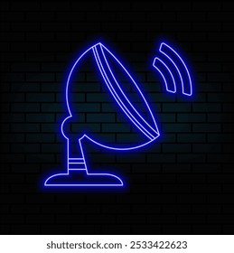 Outline neon satellite dish icon. Neon satellite dish antenna icon. Satellite television and internet connection, receiver and transmitter on black background..blue.e