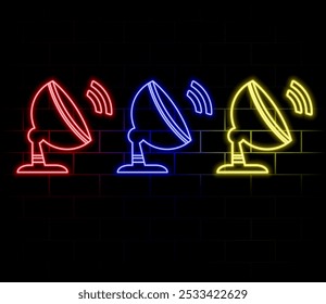 Outline neon satellite dish icon. Neon satellite dish antenna icon. Satellite television and internet connection, receiver and transmitter on black background..