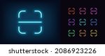 Outline neon scan icon. Glowing neon, universal scanner template, recognition system pictogram. Identification frame for scanning QR code, barcode, face id. Vector icon set, symbol for UI