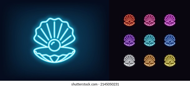 Outline neon shell icon. Glowing neon pearl with open shell silhouette, seashell pictogram. Luxury pearl, sea gem, marine jewel, ocean oyster and scallop. Vector icon set, symbol for UI