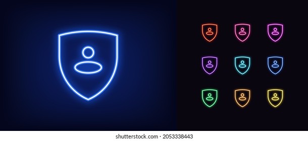 Outline neon shield icon with user. Glowing neon, personal guard sign, user security pictogram. Protection of personal data and information, secure access. Vector icon set, sign, symbol for UI