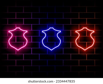 Outline neon shield icon with user. Glowing neon, personal guard sign, user safety pictogram. Protection of data and personal information, secure access.. green, red, yellow, pink, blue, orange