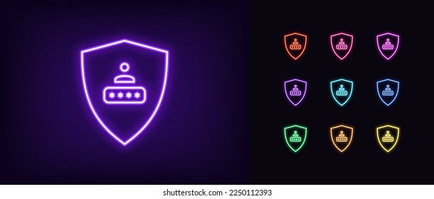 Outline neon shield security icon. Glowing neon shield frame with user password sign, safe login pictogram. Cyber security, personal data protection guarantee, digital safety. Vector icon set