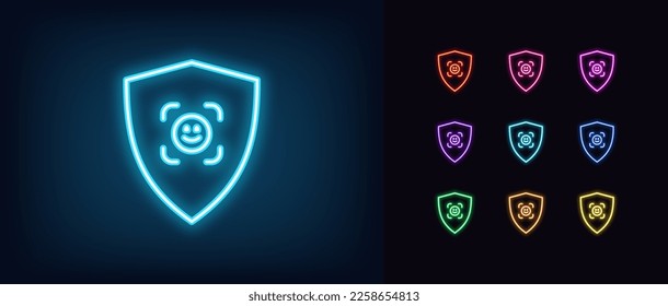 Outline neon shield security icon. Glowing neon shield frame with Face ID sign, facial scanner. Cyber security, secure check, face recognition and safe personal identify. Vector icon set