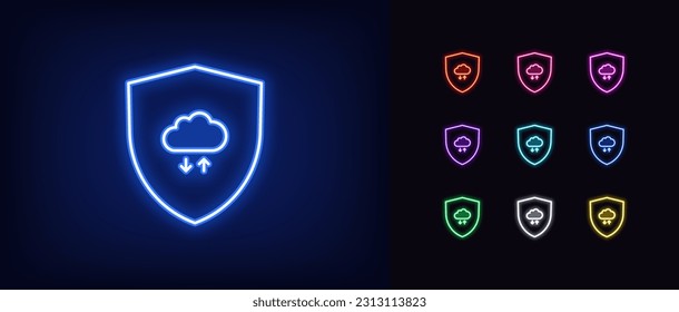 Outline neon shield security icon. Glowing neon shield with digital cloud storage sign, cloud data exchange. Cyber security, secure cloud synchronization, reliable update, file backup. Vector icon set