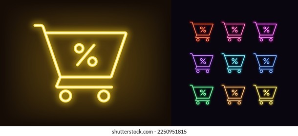 Esquema del icono del carrito de la tienda de neones. Trole de compras de neón brillante con signo porcentual, oferta de descuento y pictograma de venta. Compras en línea, precio de descuento, compra de beneficios y ahorro. Conjunto de iconos del vector