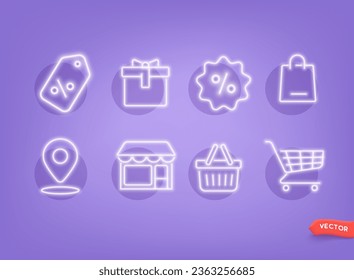 Outline neon shopping icon. Online shopping, sale, discount price offer, advertising. Vector icon set. 3D Web Vector Illustration.