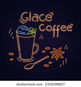 Outline neon sign of coffee glace - cold coffee with ice cream isolated on black background.