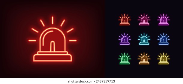 Outline neon siren lamp icon set. Glowing neon emergency beacon with light rays. Police or ambulance flasher, alarm signal, emergency lamp, alert flash light, urgent warning and caution. Vector icons