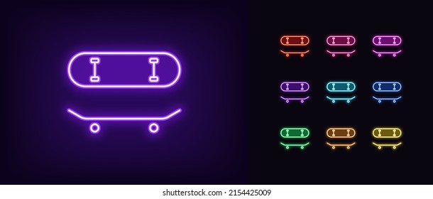 Outline neon skate board icon. Glowing neon skateboard silhouette, skate park pictogram. Rental skateboard, store and repair parts, active recreation and extreme. Vector icon set for UI