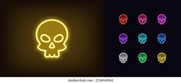 Outline neon skull emoji icon. Glowing neon Skull emoticon silhouette, skeleton head pictogram. Skull face, danger and death, poison and toxic, skeleton and dead pirate. Vector icon set for UI