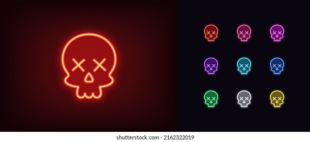 Outline neon skull emoji icon. Glowing neon Skull emoticon silhouette with dead x eyes, skeleton head pictogram. Skull face, danger and death, poison and toxic, dead pirate skeleton. Vector icon set