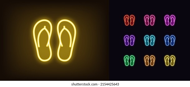 Icono de la pareja de zapatillas de neón de contorno. Silhouette de zapatillas de neón resplandeciente, pictograma de chanclas de playa. Vacaciones de verano y resort, calzado de goma de verano, recreación en la playa. Conjunto de iconos del vector para la interfaz de usuario