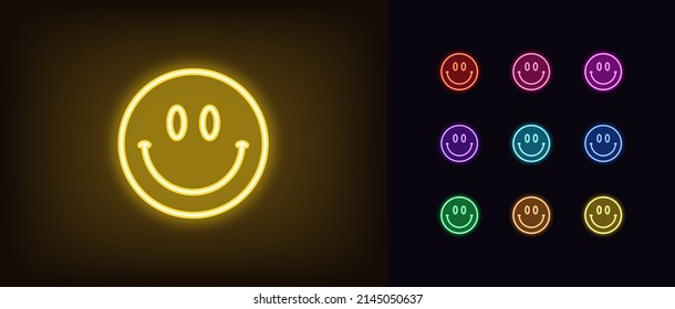 Outline neon smiling emoji icon. Glowing neon happy emoticon with big smile and eyes, happy face pictogram. Cute funny emoji, comic face, glad and fun mood. Vector icon set, symbol for UI