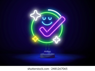 Outline neon smiling emoji icon. Glowing neon happy emoticon with big smile and eyes, happy face pictogram.