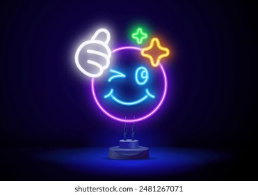 Outline neon smiling emoji icon. Glowing neon happy emoticon with big smile and eyes, happy face pictogram.