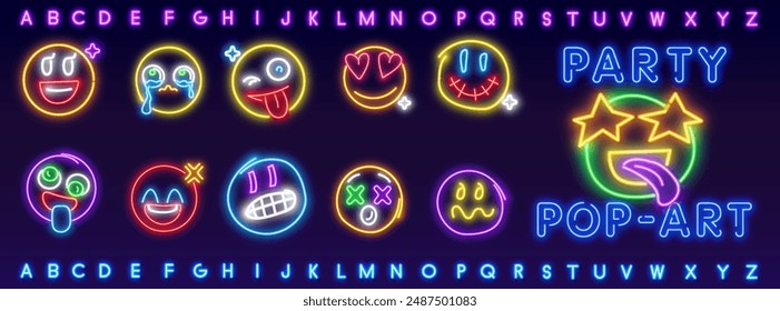 Outline neon smiling emoji icon. Glowing neon happy emoticon with big smile and eyes, happy face pictogram.