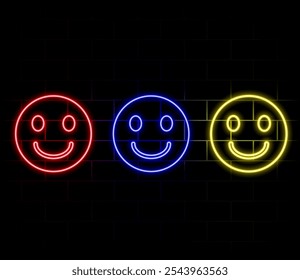 Umreißen Neon lächelndes Emoji-Symbol. Leuchtendes Neon-Happy-Emoticon mit großem Lächeln und Augen, Happy-Face-Piktogramm. Nettes lustiges Emoji, komisches Gesicht, frohe und lustige Stimmung. Vektorsymbol, Symbol für die Benutzeroberfläche.