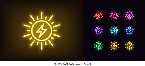 Outline neon solar energy icon. Glowing neon sun with rays and lightning icon, sunbeam energy. Electric charge of solar power, sunlight energy, electric power, solar battery charging. Vector icon set