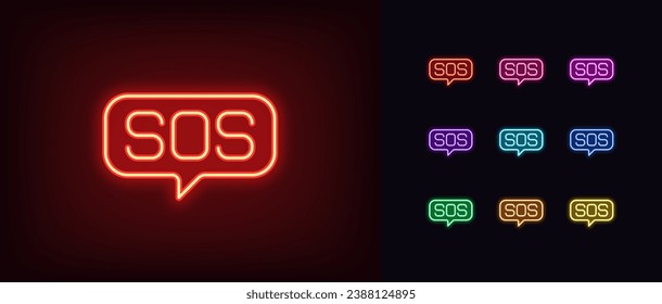 Outline neon SOS icon set. Emergency call, glowing neon bubble message with text SOS. Signal SOS for rescue service, distress alert and crush, need help. Emergency and hotline service. Vector icon set