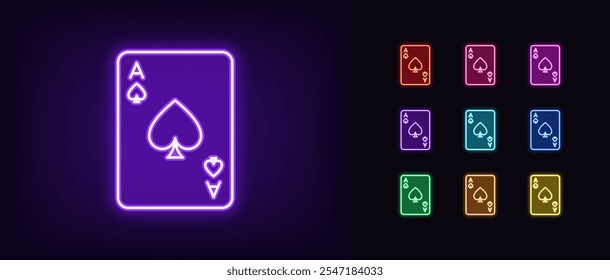 Conjunto de iconos de espacio de neón. Cara de tarjeta de neón brillante con icono de pala, silueta de contorno. Spade tarjeta, juego de póquer, juego de cartas, sala de juegos de póquer, juego de casino de juego, gato negro. Iconos del vector