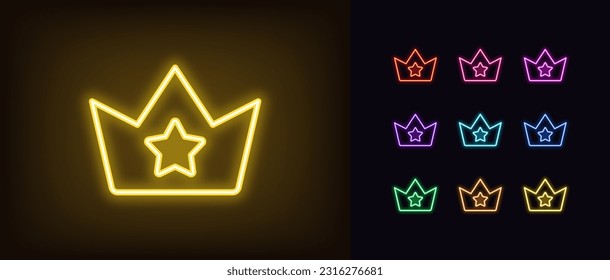 Icono de corona de estrella de neón de contorno. Brillante corona real de neón con signo de estrella, reino superestrella. Gran celebridad, popularidad y autoridad, corona de lujo, recompensa premium y rango superior, gloria. Conjunto de iconos del vector