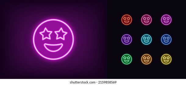 Outline Neon Star Emoji Icon. Glowing Neon Superstar Emoticon With Starry Eyes, Star Struck Face Pictogram. Amazed Funny Emoji, Wow Effect, Fascinated Face, Excited Emoticon. Vector Icon Set For UI