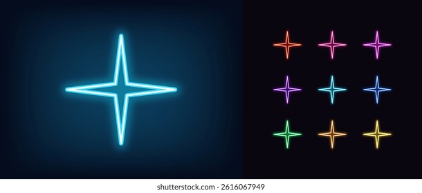 Outline neon star glitter icon. Glowing neon flash light icon, bright star glow. Magic glitter flare, bright glint, star shine, highlight glow effect, shiny starlight. Vector icon set