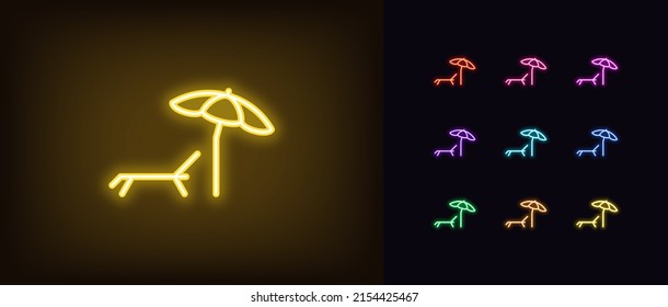 Outline neon sunbed icon. Glowing neon sunbed silhouette with parasol, beach lounger pictogram. Summer vacation and journey, sunbathe on deckchair and relax, beach recreation. Vector icon set for UI