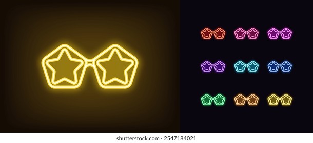 Outline neon superstar sunglasses icon set. Glowing neon glamour sunglasses with star lens, retro style spectacles. Fashion star glasses, party eyewear, pop disco style, modern sunglass. Vector icons