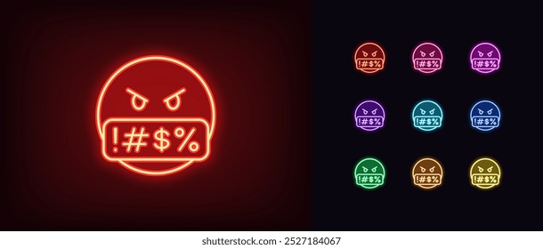 Outline neon swearing emoji icon set. Glowing neon angry emoji with mouth censor, filthy language. Emoticon with foul speech, offensive word, hating face, swearing emoticon, hatred shout. Vector icons