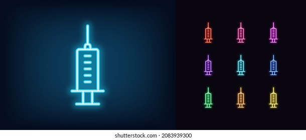 Outline neon syringe icon. Glowing neon injection sign, vaccination pictogram in vivid colors. Syringe with vaccine, medicine drug injection, medical injector. Vector icon set, symbol for UI