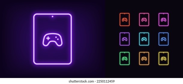 Outline neon tablet icon. Glowing neon tablet frame with gamepad sign, gaming app pictogram. Portable pad with game controller on screen, wireless joystick. Vector icon set