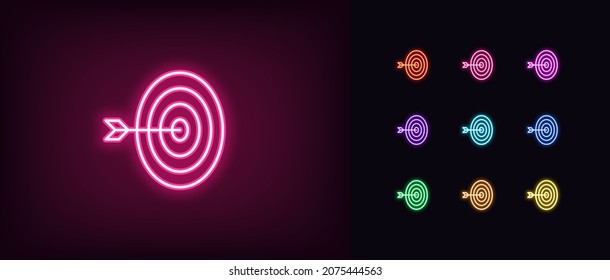 Outline neon target icon. Glowing neon target sign, aim pictogram in vivid colors. Bullseye hit, priority objective, accuracy, goal performance, focus on purpose. Vector icon set, symbol for UI